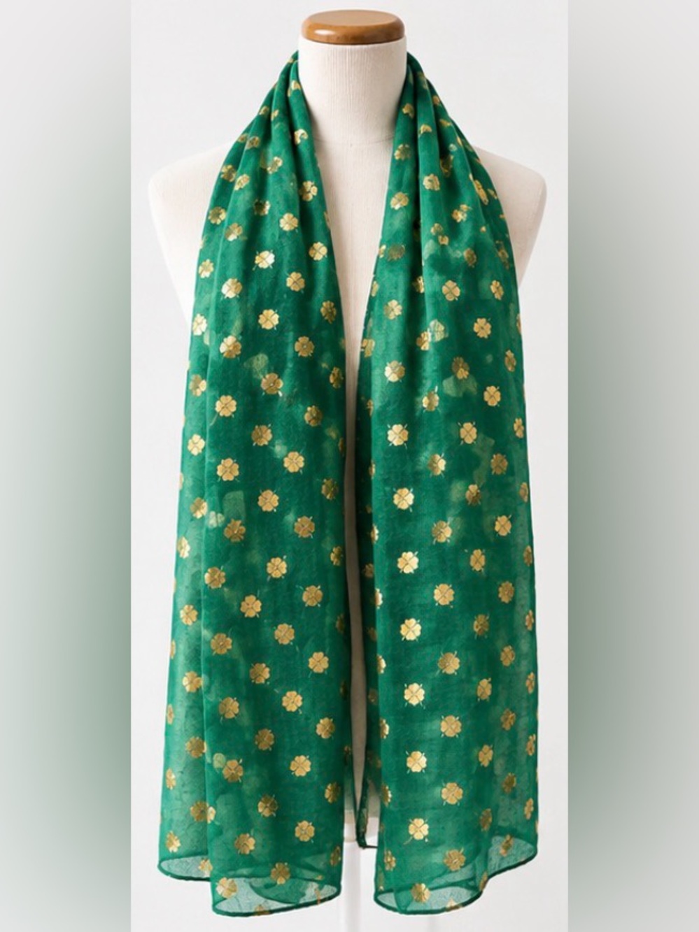 Emerald Green Gold Four Leaf Clover Shamrock Scarf Lightweight 70 x 24